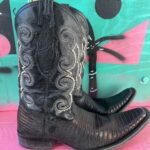 BLACK LEATHER & LIZARD SKIN CURVED TOE COWBOY BOOTS 2 TONE EMBROIDERY