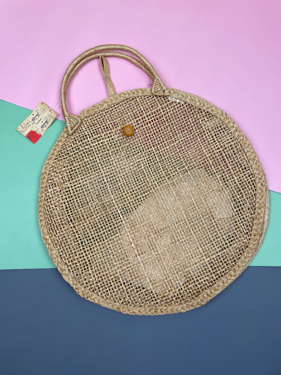 product details: NOS NWT AWESOME *DEADSTOCK* OVERSIZED CIRCULAR STRAW DOUBLE HANDLED BEACH BAG photo