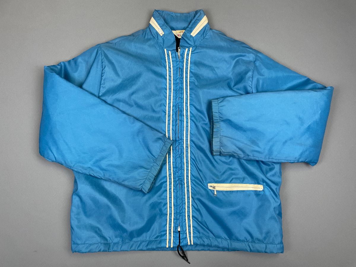 product details: *AS-IS* 1970S FUZZY SHERPA LINED NYLON RACING JACKET FRONT PIPED STRIPES photo