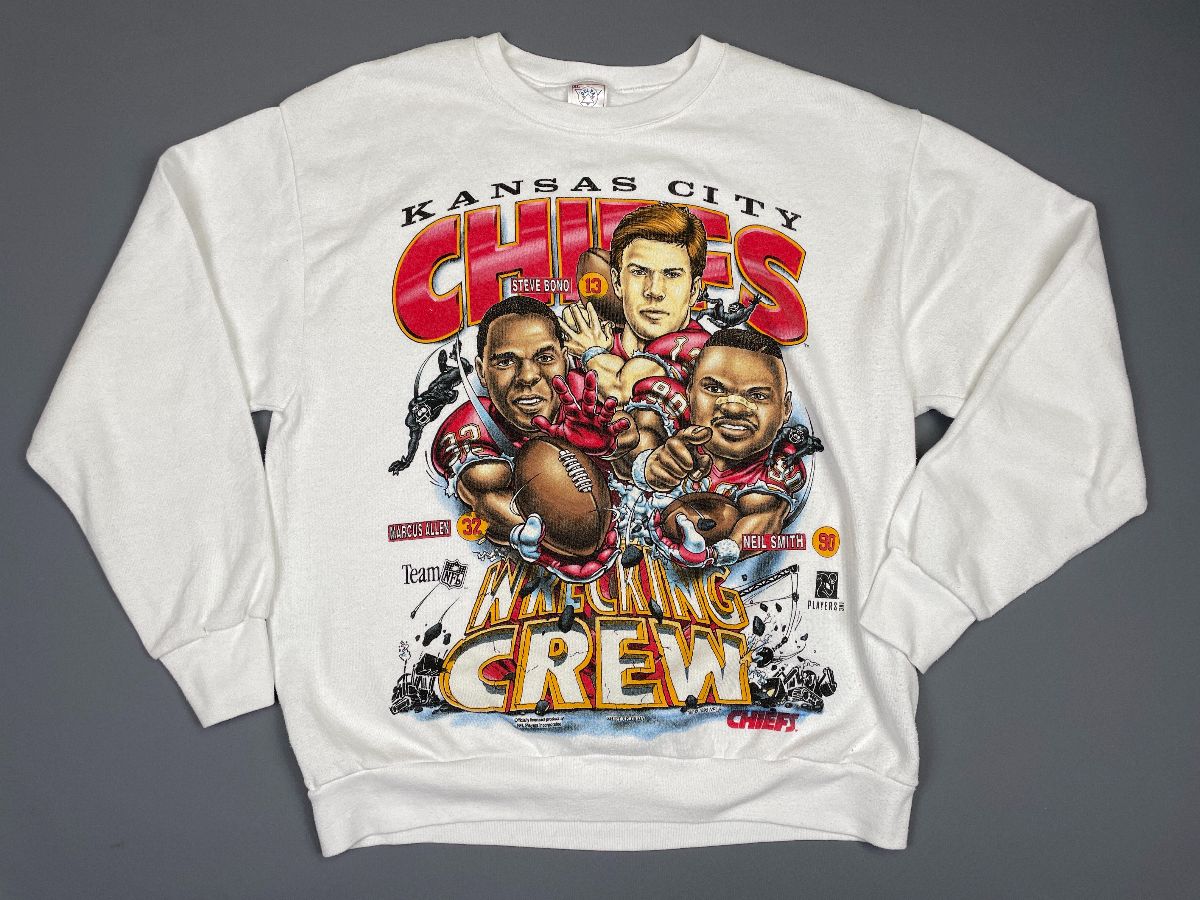 product details: *AS-IS* 1990S NFL KANSAS CITY CHIEFS WRECKING CREW CARICATURE GRAPHIC PULLOVER SWEATSHIRT photo