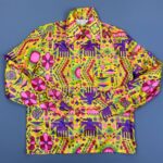 RARE! 1960S-70S NEON PSYCHEDELIC PRINT NYLON LONG SLEEVE BUTTON DOWN SKI SHIRT
