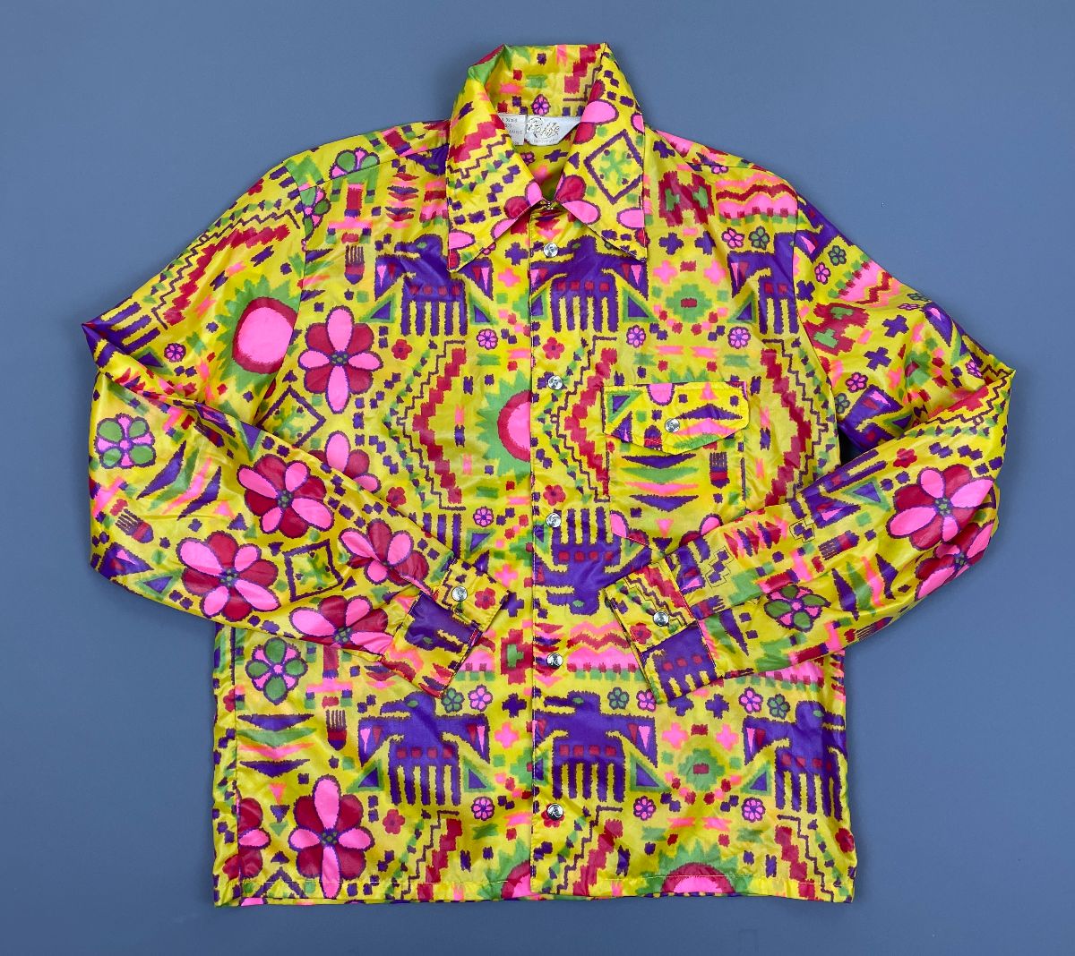 Rare! 1970s Neon Psychedelic Print Nylon Long Sleeve Button Down Shirt ...