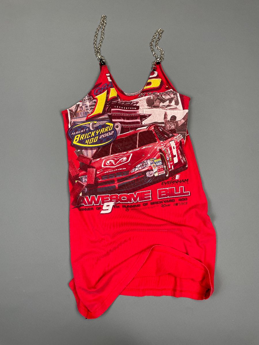 product details: UPCYCLED AWESOME BILL NASCAR T-SHIRT DRESS SILVER CHAIN STRAPS photo