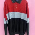 AWESOME 1980S-90S TEXTURED COLOR BLOCK QUARTER BUTTON COLLARED PULLOVER SWEATSHIRT