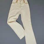 AMAZING!!!! 1970S FLARED LEG CRINKLED RAYON LINEN STYLE TROUSERS RAFFIA TRIM TALON ZIPPER
