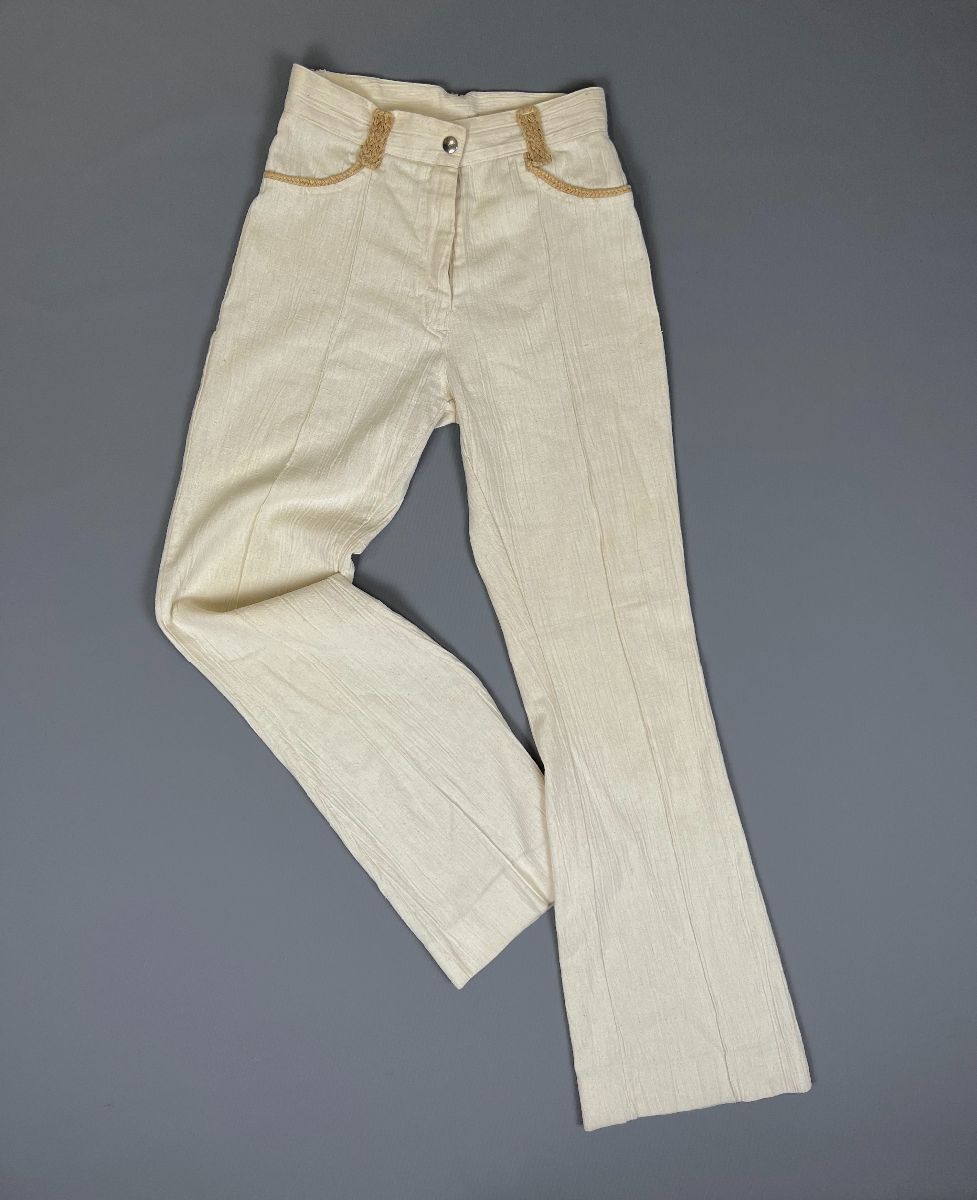 product details: AMAZING!!!! 1970S FLARED LEG CRINKLED RAYON LINEN STYLE TROUSERS RAFFIA TRIM TALON ZIPPER photo