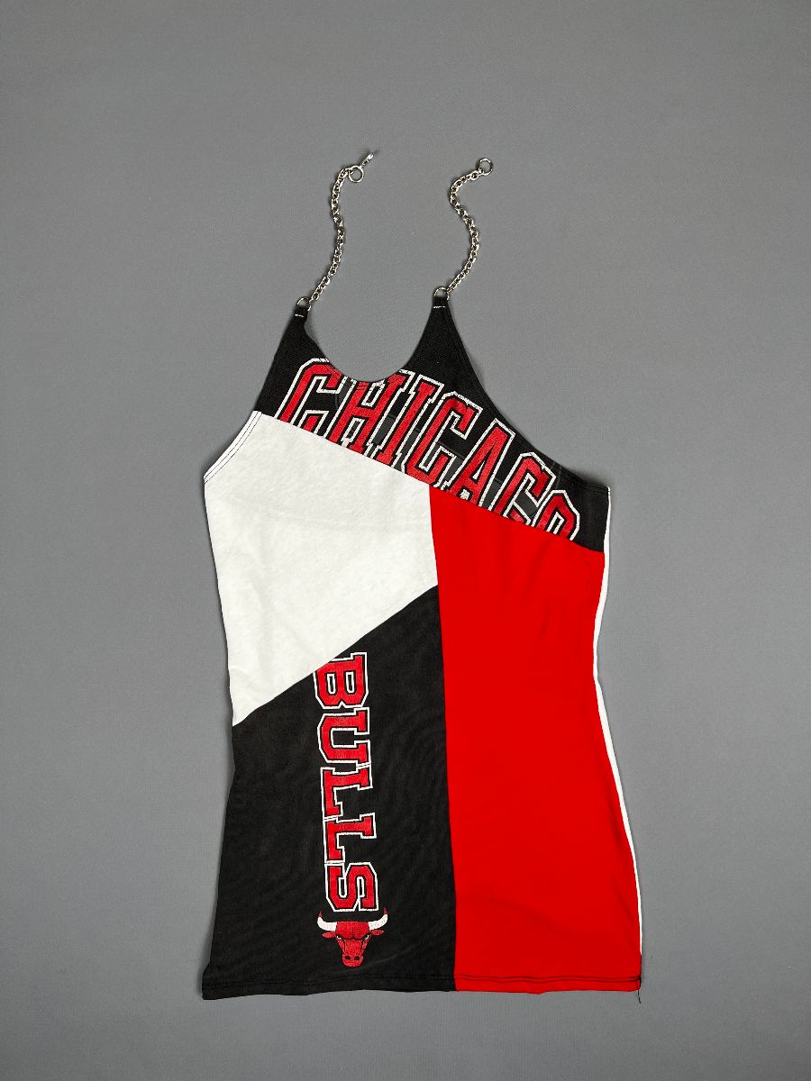 product details: RAD SPLICED & UPCYCLED VINTAGE CHICAGO BULLS TSHIRT MINI DRESS CHAIN LINK HALTER TOP photo