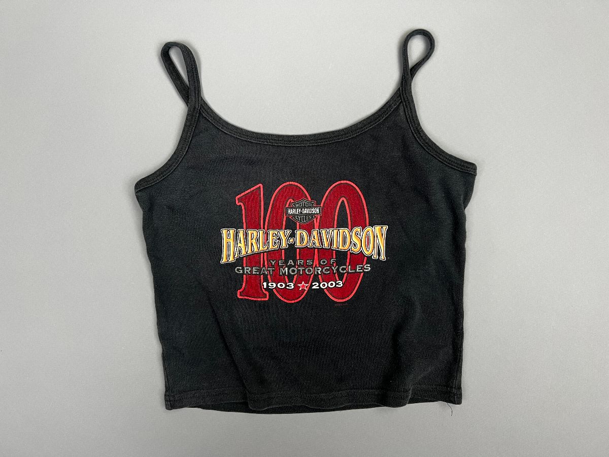 product details: CUTE Y2K CROPPED HARLEY DAVIDSON CENTENIAL 1903-2003 GRAPHIC TANK TOP MILWAUKEE, WISCONSIN photo