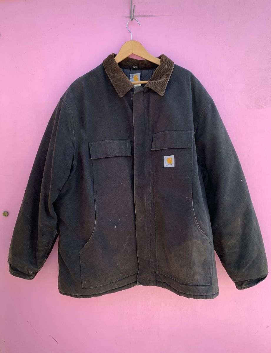 product details: AS-IS HEAVY FADED CARHARTT ZIPUP CHORE JACKET W/ INSULATION AND CORDUROY COLLAR photo