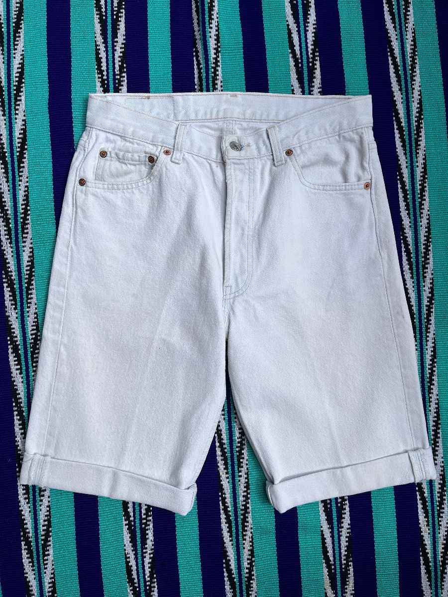 product details: *AS-IS* LEVIS 501 OVER BLEACHED WHITE DENIM LONG CUT SHORTS ROLLED HEM photo