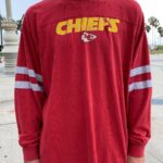 DISTRESSED NFL KANSAS CITY CHIEFS STRIPED LONG SLEEVE RUGBY STYLE T-SHIRT