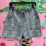 FUNKY 90S ETHNIC PRINT DENIM SHORTS WITH CINCH WAIST AND DRAWSTRING