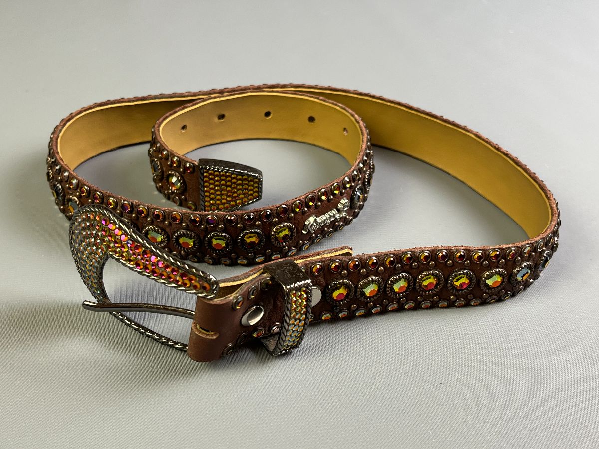 product details: Y2K BROWN LEATHER FULLY RAINBOW RHINESTONE STUDDED BELT & BUCKLE photo