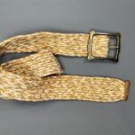 1970S WIDE WOVEN TWO TONED ROPE BELT HEAVY BRASS BUCKLE LEATHER END TIPS