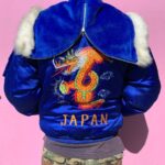 SILKY BLUE FAR EAST TOUR BOMBER JACKET  W/ ZIP HOOD EMBROIDERED DRAGON