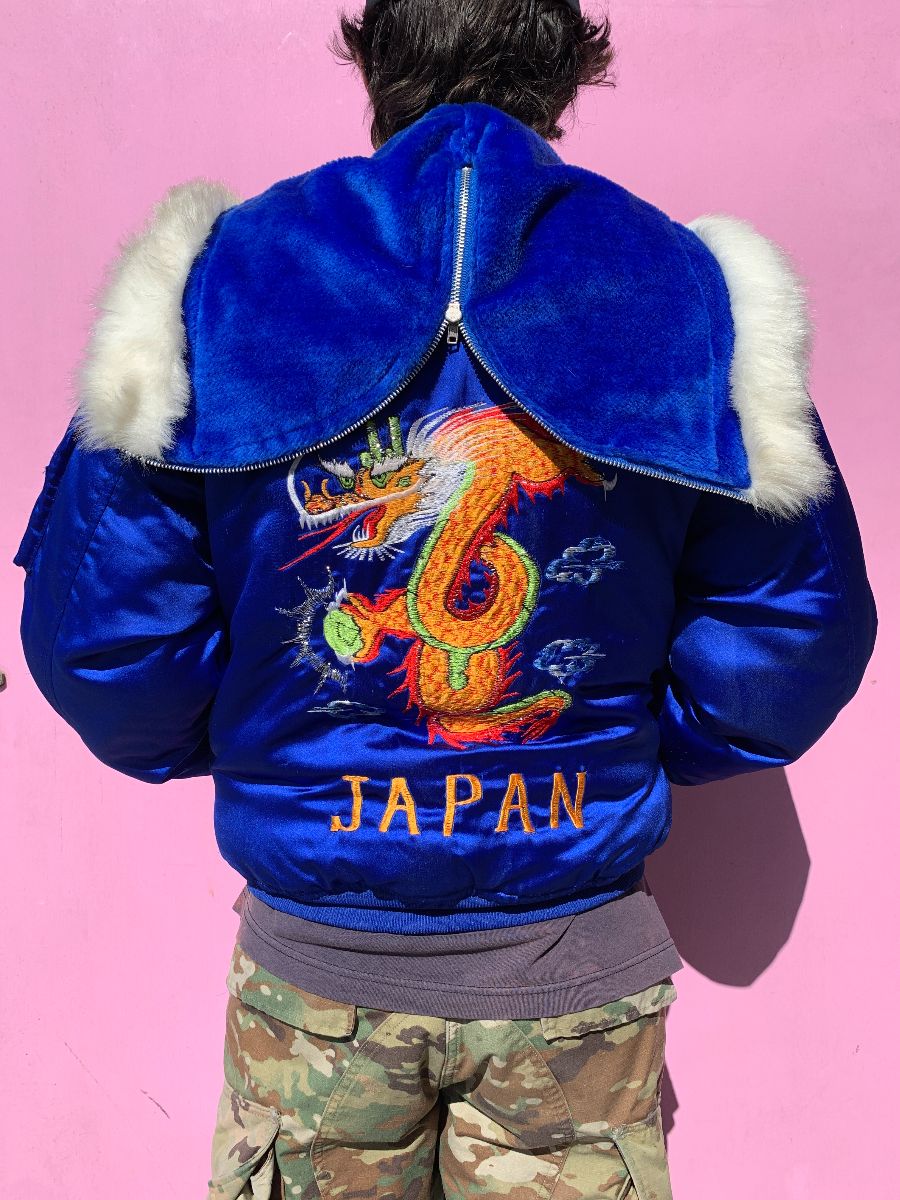product details: SILKY BLUE FAR EAST TOUR BOMBER JACKET  W/ ZIP HOOD EMBROIDERED DRAGON photo