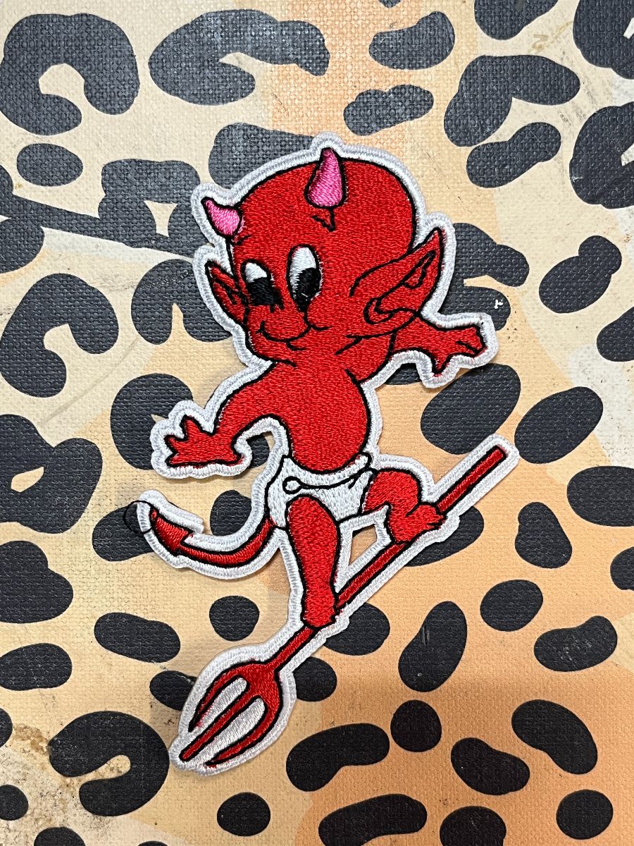 product details: DEVIL BOY RIDING PITCHFORK EMBROIDERED PATCH photo