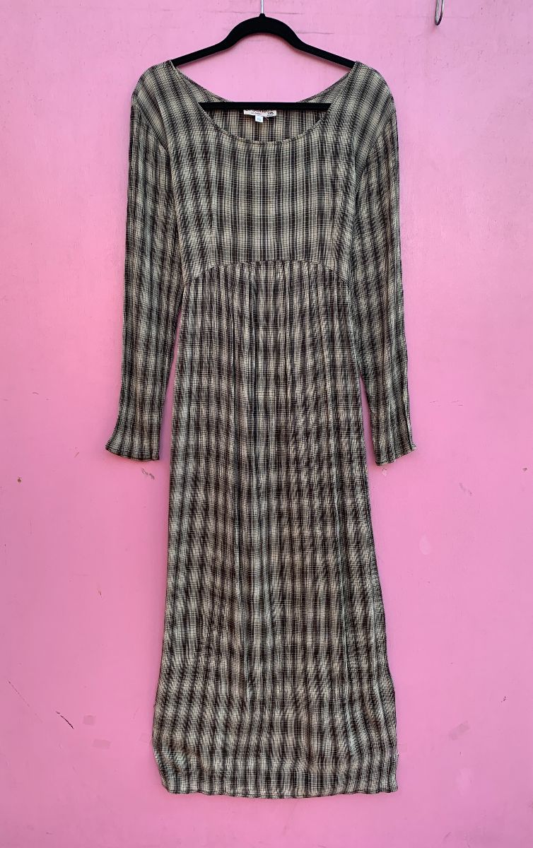 product details: 1990S TEXTURED PLAID PRINT LONG SLEEVE OVERSIZED BELTED MAXI DRESS photo