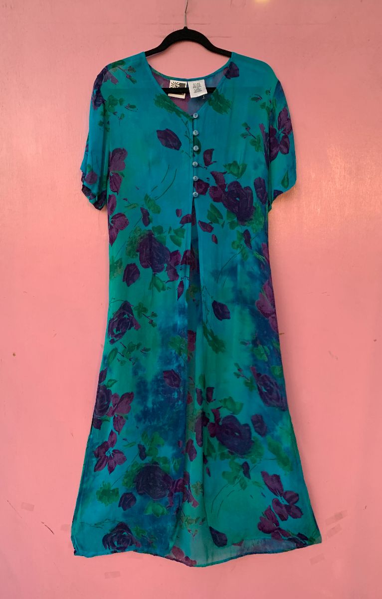 product details: 1990S PURPLE FLORAL PRINT SHEER FRONT BUTTON UP BELTED DRESS COVER UP photo