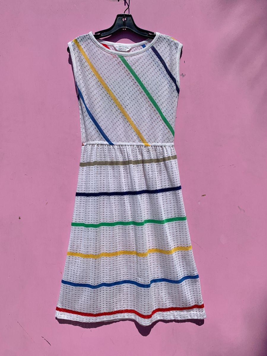product details: BEACHY RAINBOW STRIPED SHEER KNIT COVERUP DRESS photo