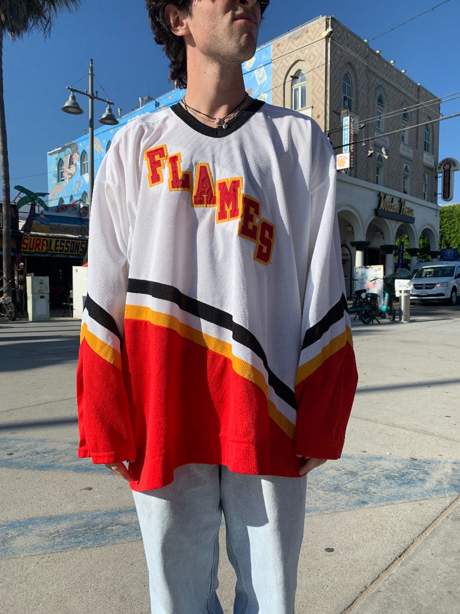 product details: FLAMES EMBROIDERED COLORBLOCK HOCKEY JERSEY photo