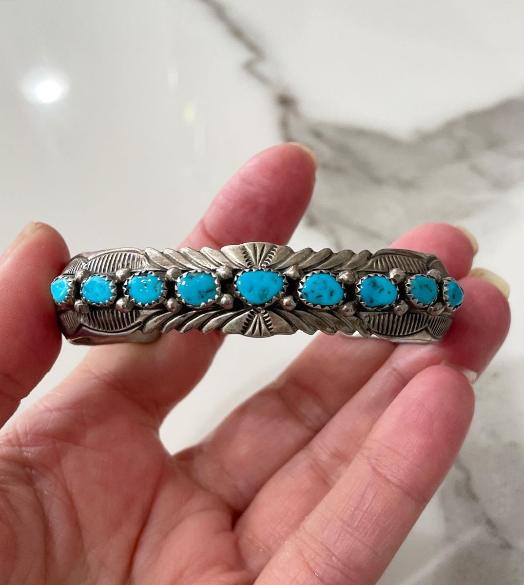 product details: ORNATE CARVED STERLING SILVER & TURQUOISE NUGGET CUFF BRACELET *SIGNED WB photo