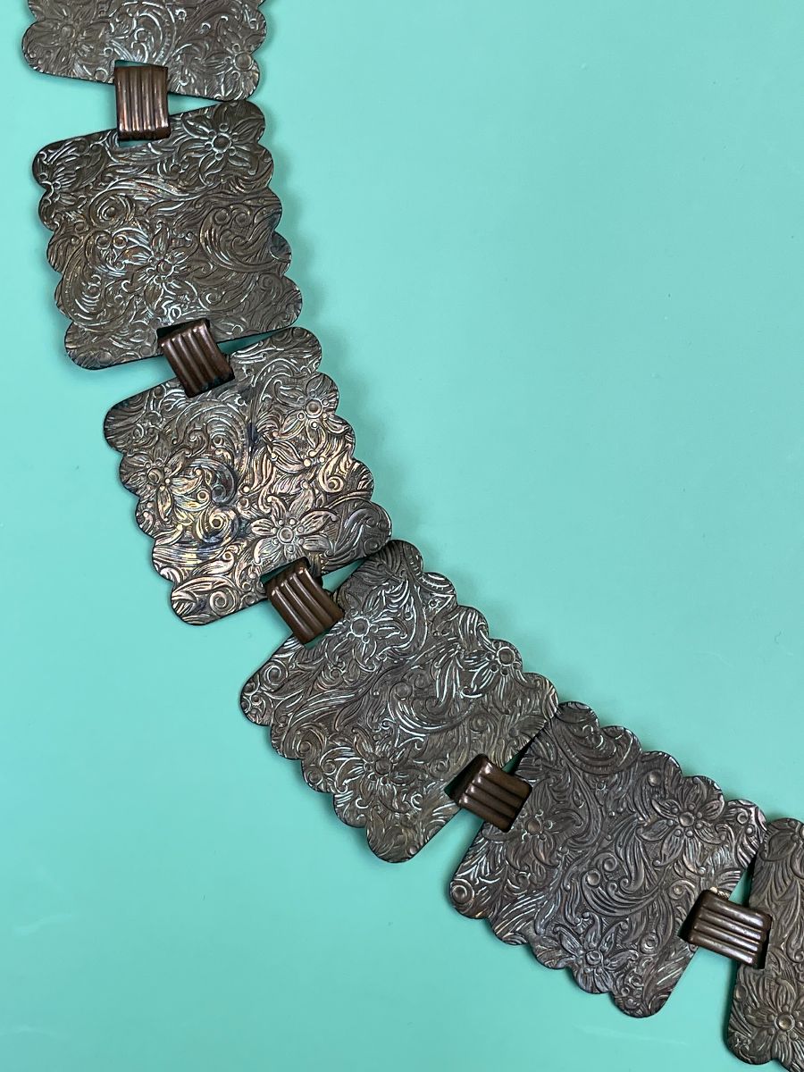 as-is* Etched Ornate Floral Squared Copper Concho Chain Belt 