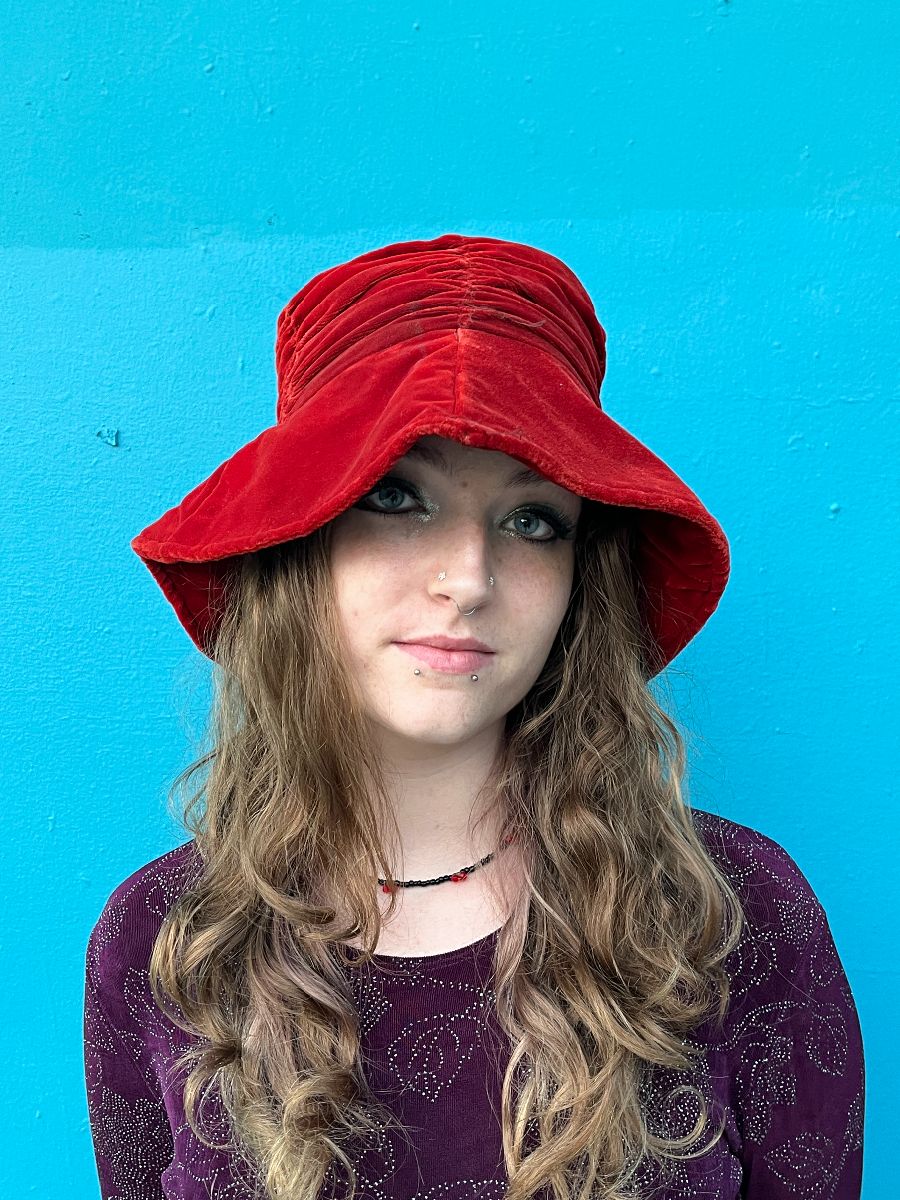 product details: FUNKY RED VELVET RUCHED SIDES BUCKET HAT photo