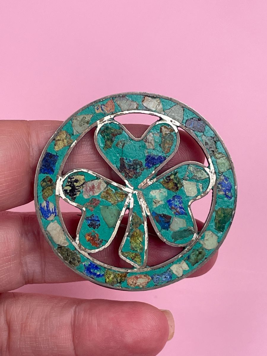 product details: *AS-IS* UNIQUE ASSORTED STONE INLAY LARGE CLOVER BROOCH & PENDANT *STAMPED 925 MEXICO TERLIN photo