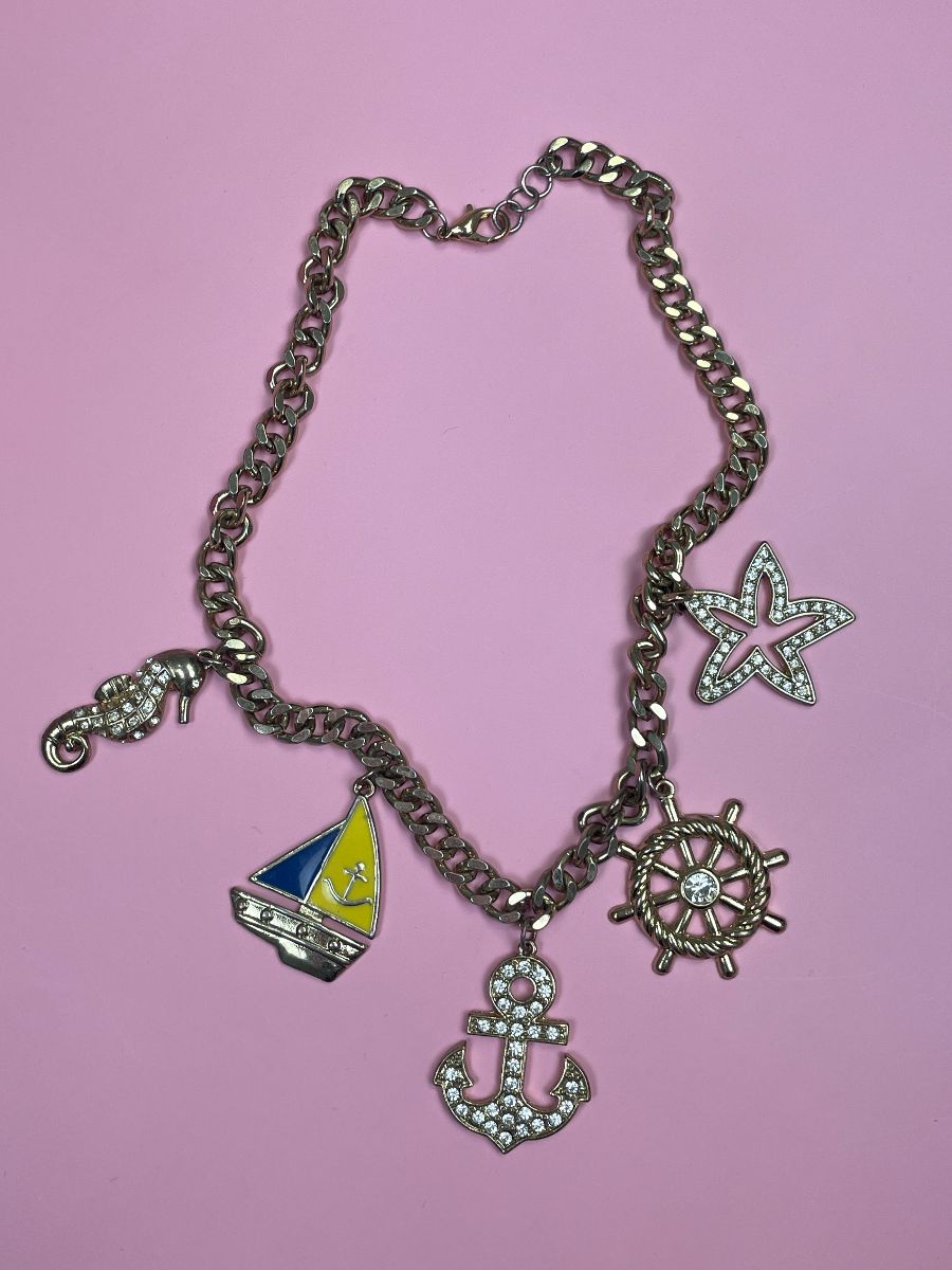 product details: CUTE! 1980S RHINESTONED NAUTICAL CHARMS CHUNKY CHAIN NECKLACE photo