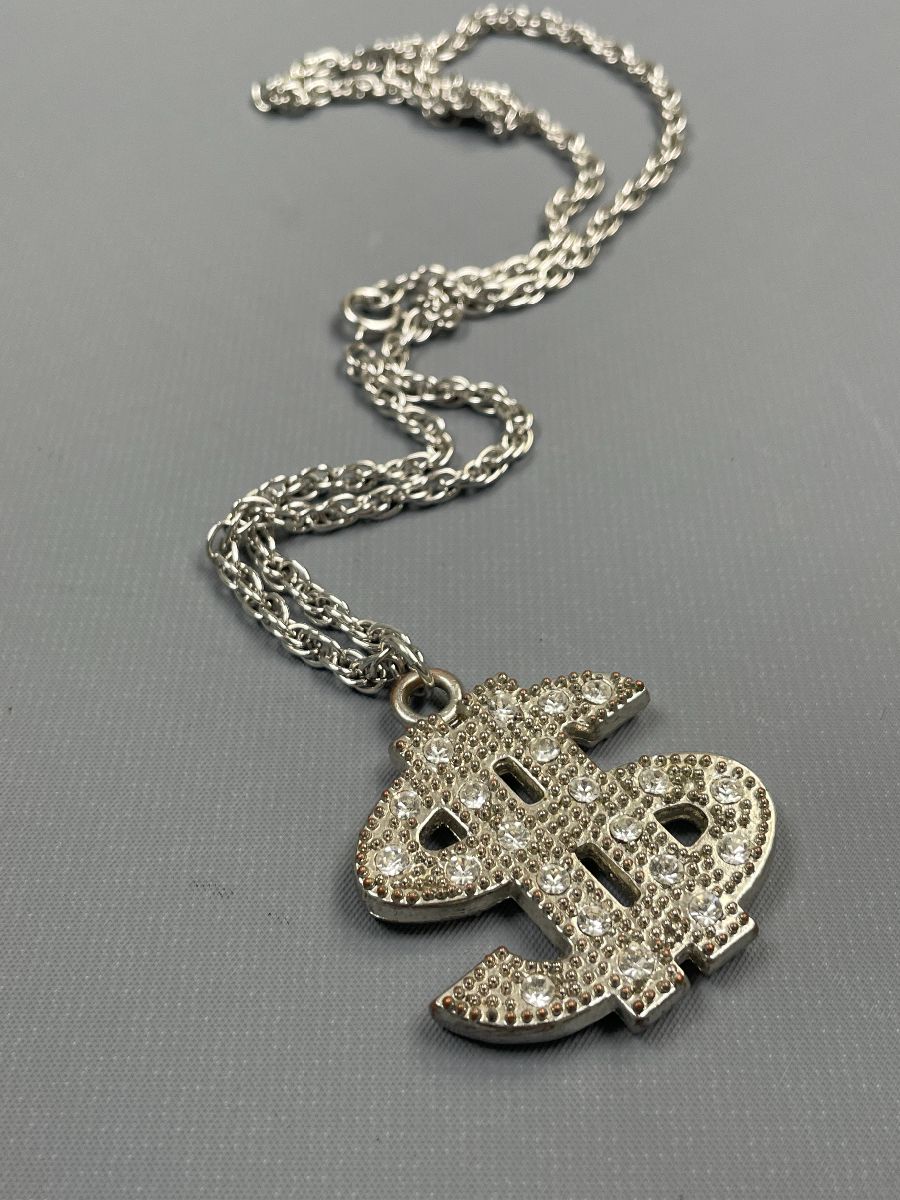 product details: FUN BLINGED OUT CHUNKY DOLLAR SIGN RHINESTONE CHAIN LINK NECKLACE photo