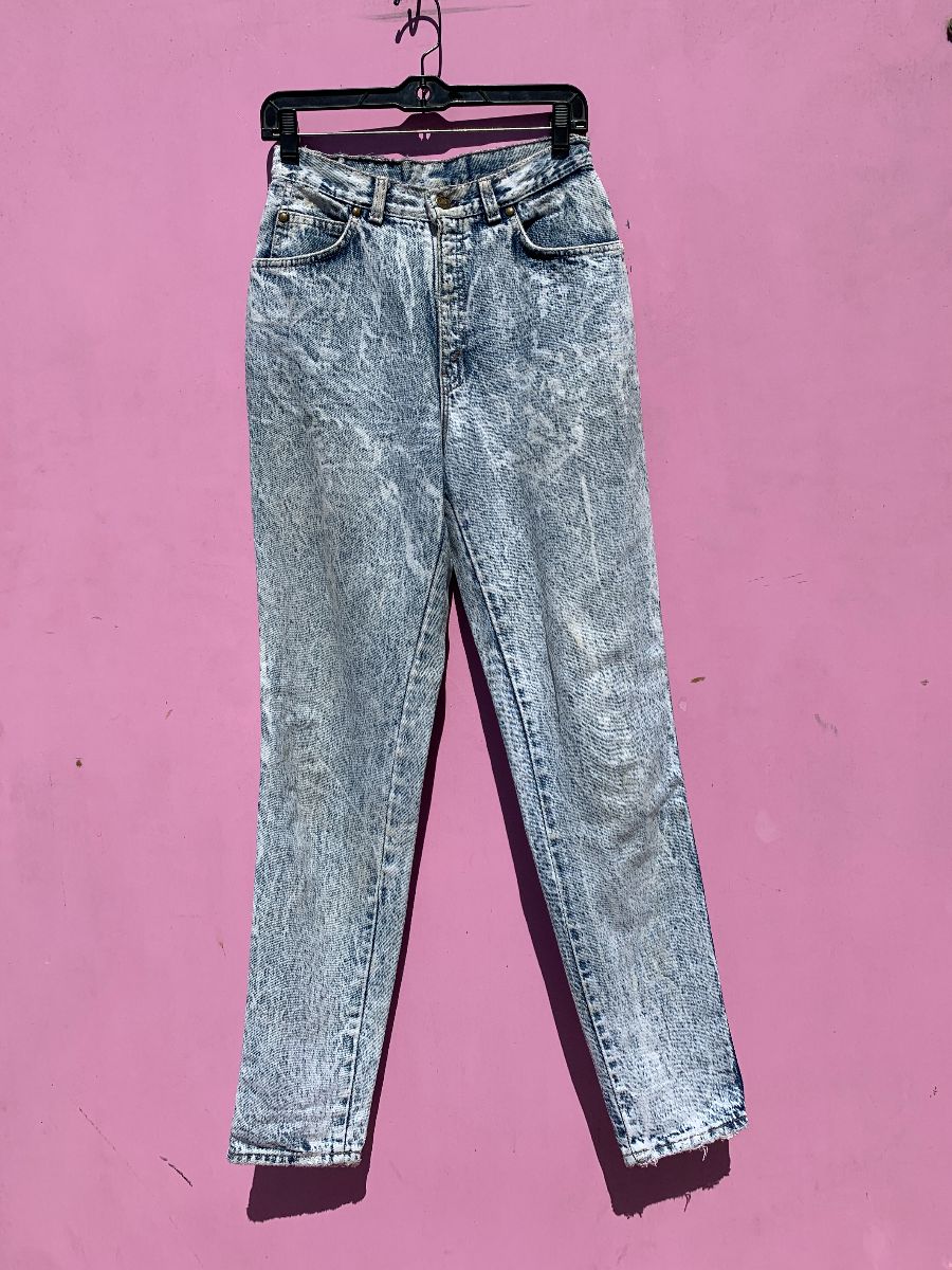 1980s-90s Acid Washed Slim Taper Distressed Denim Jeans