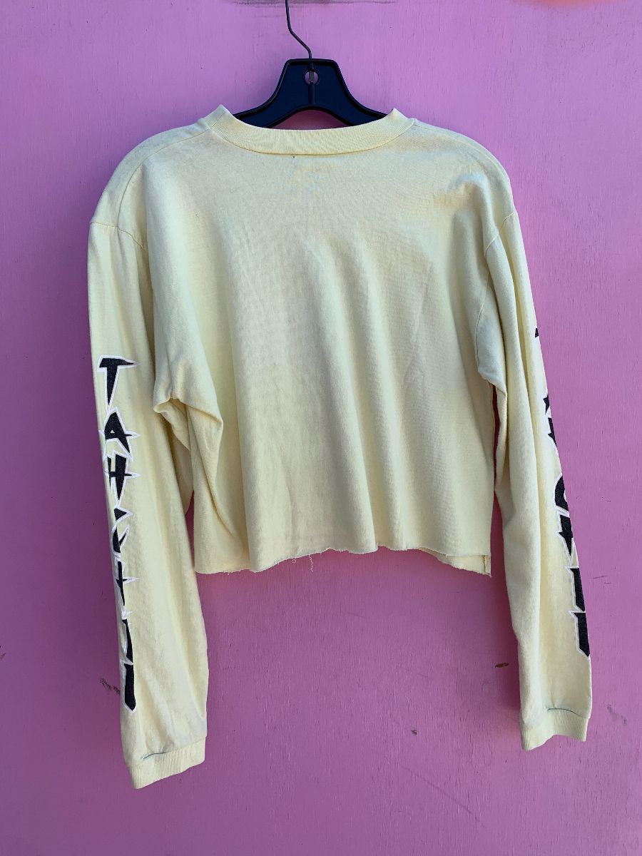 product details: 1980S-90S PASTEL YELLOW CROPPED LONG SLEEVE TSHIRT TAHCHEE PRINTED SLEEVE photo