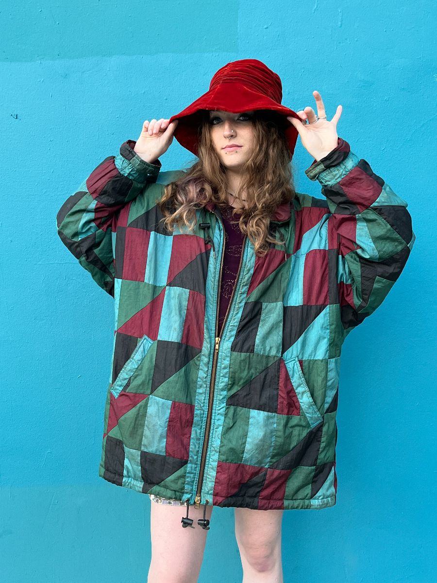 product details: *AS-IS* 1980S PATCHWORK DESIGN LONG ZIP UP NYLON JACKET photo