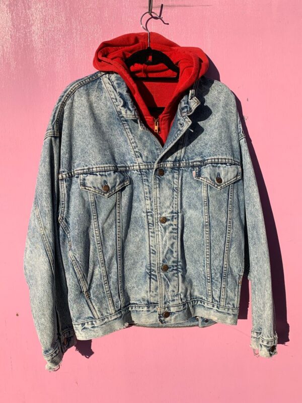RARE 1980S-90S ACID WASH WHITE TAB LEVIS DENIM JACKET SWEATSHIRT HOODIE LINED