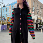 BOB MACKIE WEARABLE ART RAINBOW SLEEVES COLORFUL FRONT BUTTONS LONG CARDIGAN