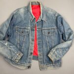 AS-IS FADED 1960S DENIM JACKET W/ RED QUILTED LINING AND STARBURTS BUTTONS