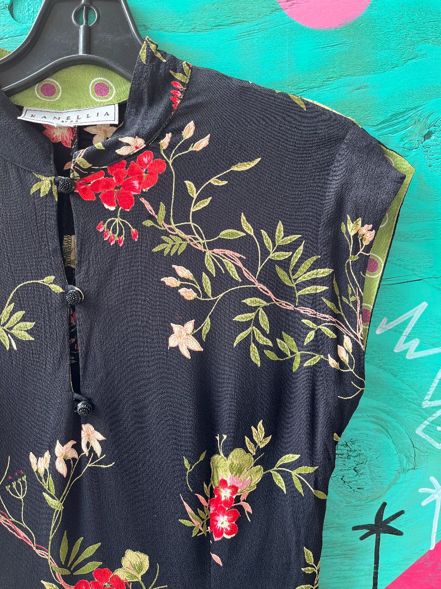 Floral Print Oriental Style Button Up Collar Dress | Boardwalk Vintage