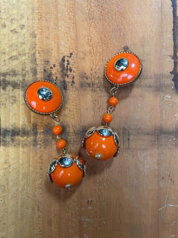 BRIGHT! ORANGE & GOLD SPHERE BAUBLE DROP CLIP-ON EARRINGS