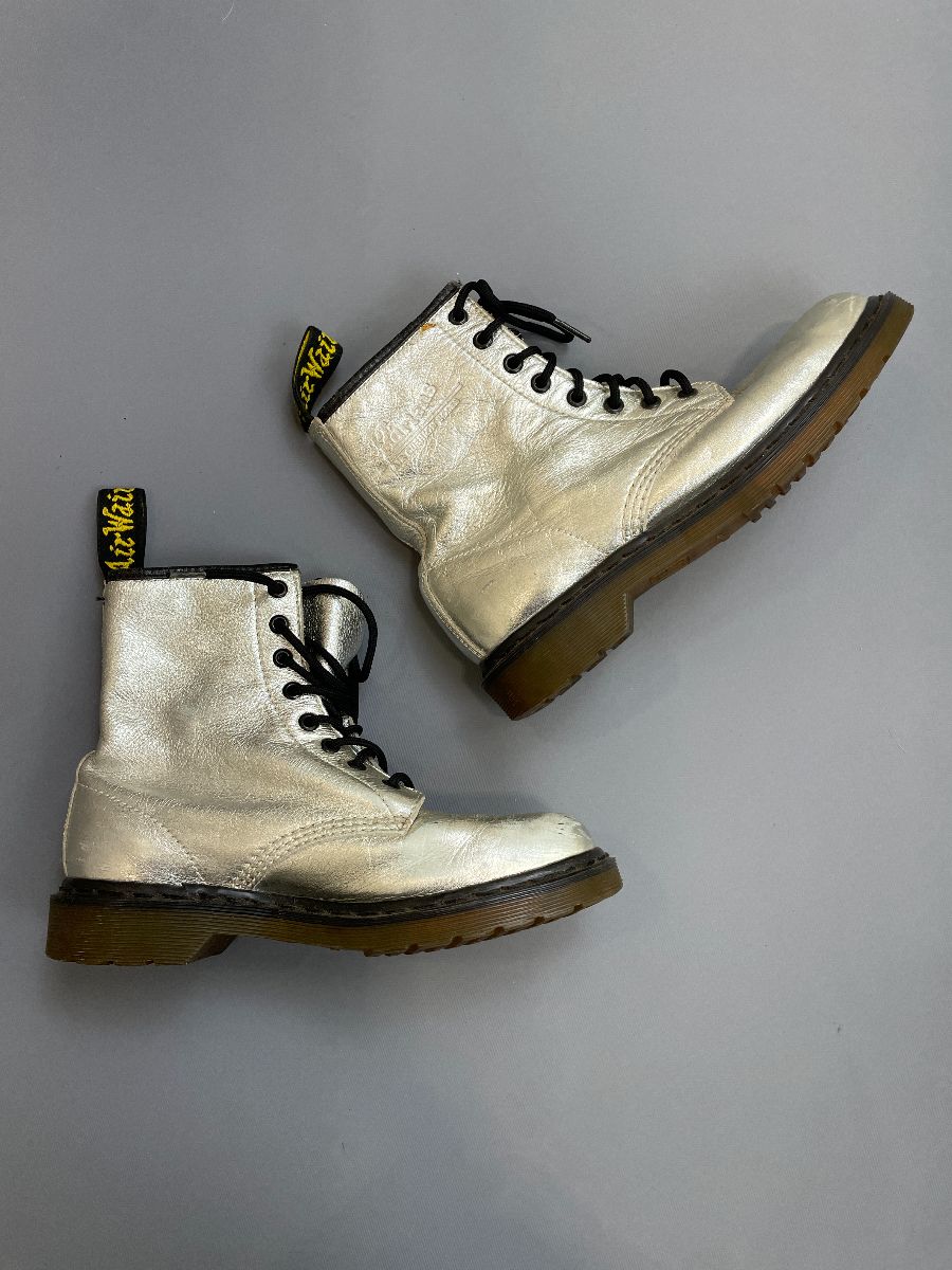product details: *AS-IS* SUPER SOFT METALLIC SILVER LEATHER LACE UP COMBAT BOOTS photo