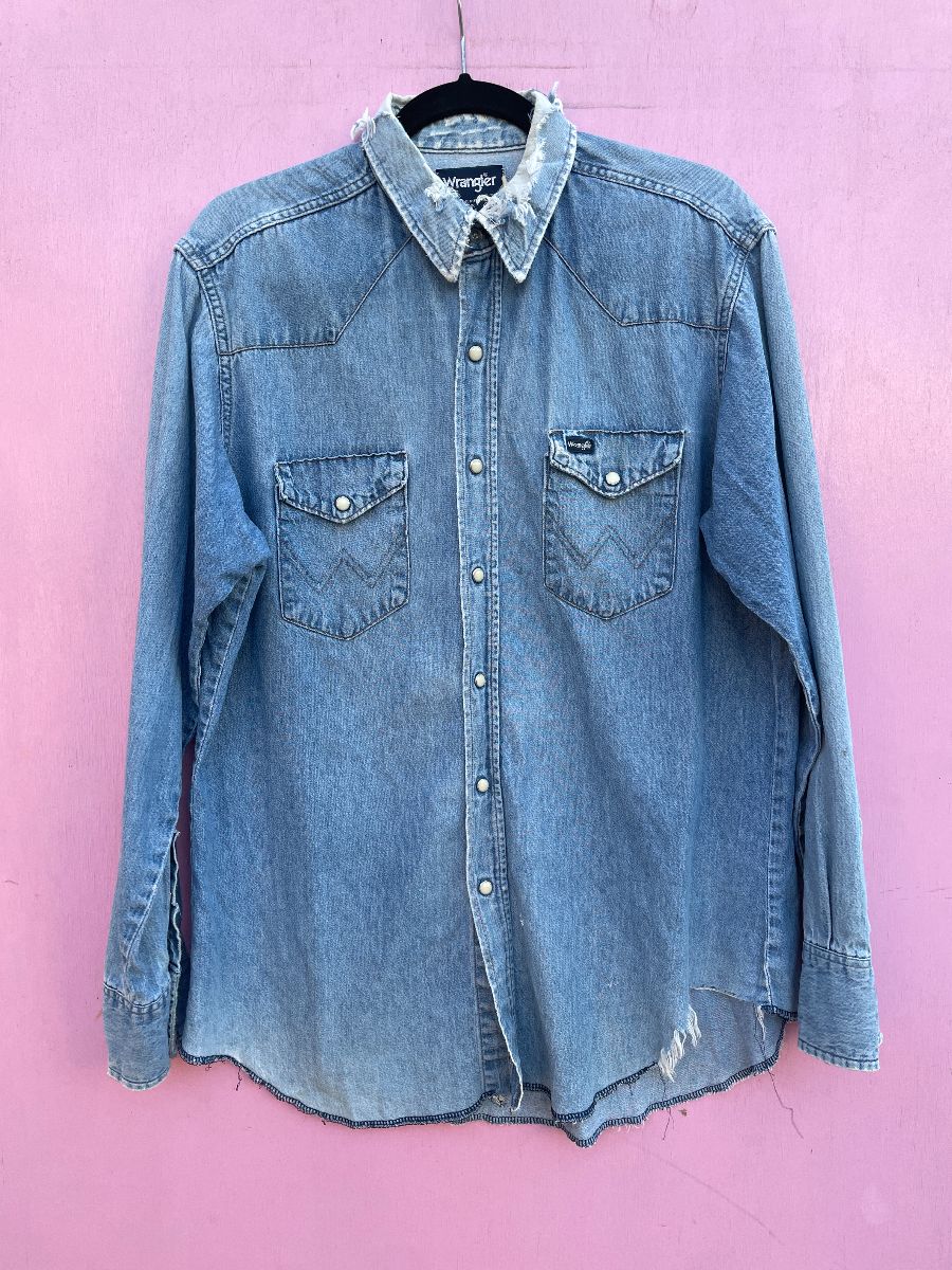 product details: *AS-IS* PERFECTLY & HEAVILY DISTRESSED LIGHT WASH DENIM PEARL SNAP LONG SLEEVE BUTTON UP WESTERN SHIRT photo