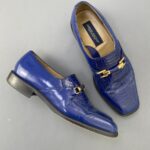 AUTHENTIC SNAKE PANELED BRIGHT BLUE LEATHER LOAFERS GOLD BUCKLE ACCENT