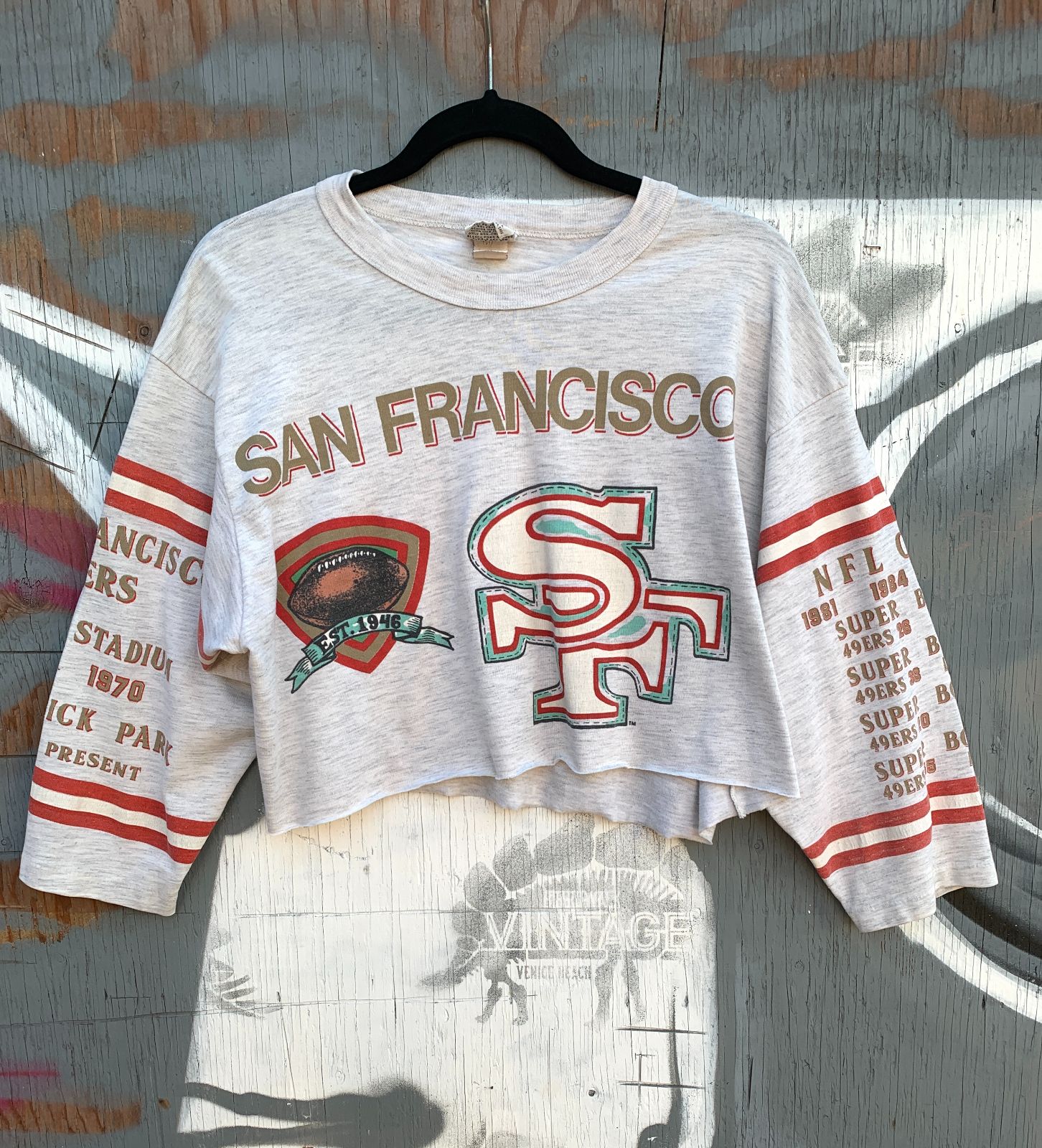product details: RAD PAPER THIN SAN FRANCISCO 49ERS ALLOVER PRINT CROPPED 3/4 SLEEVE TSHIRT STRIPED ARMS photo