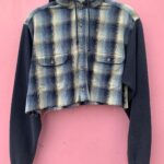 REWORKED VINTAGE CROPPED & HOODED BUTTON UP PLAID FLANNEL SHIRT