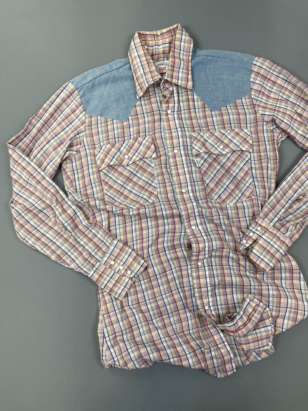 product details: 1970S WESTERN STYLE PLAID SHIRT CHAMBRAY PANEL photo