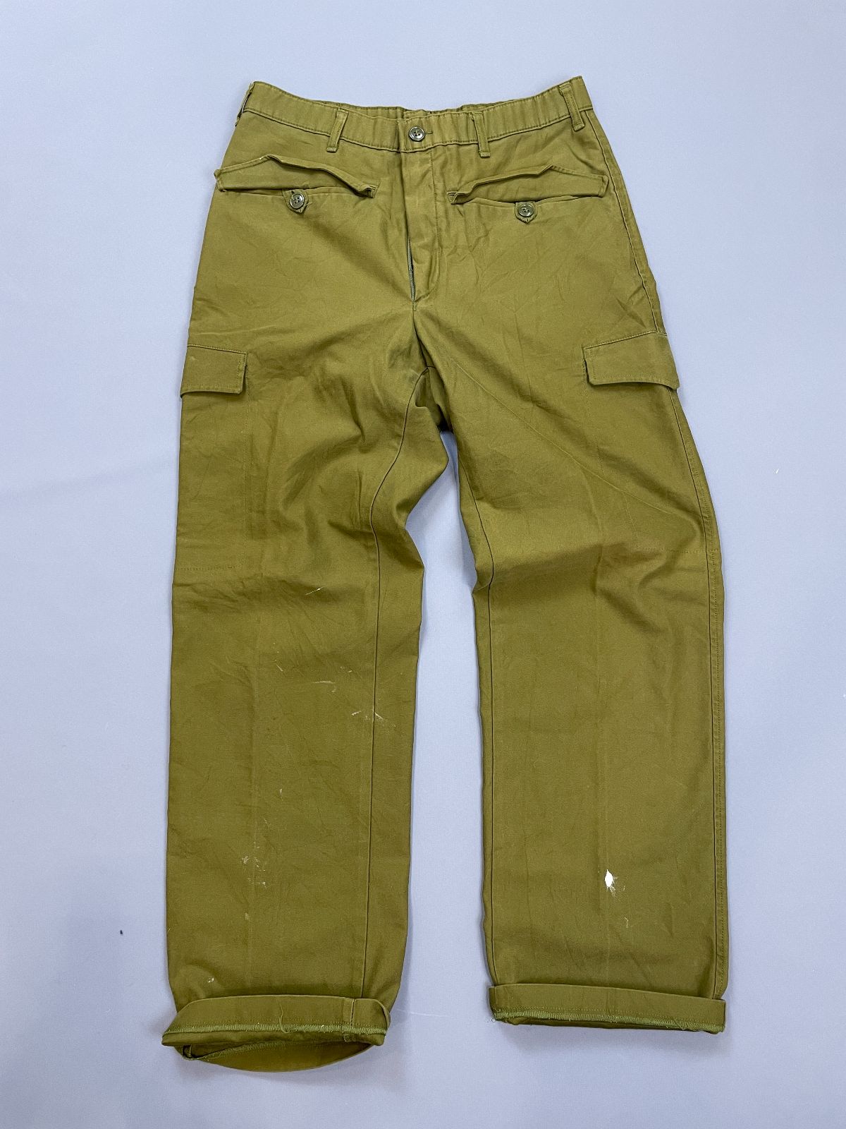product details: *AS-IS* SATEEN OLIVE GREEN MILITARY TROUSERS ZIP-UP FRONT FLAP POCKETS photo