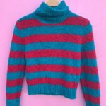 ADORABLE STRIPED CHENNILE STYLE TURTLE NECK SWEATER TOP