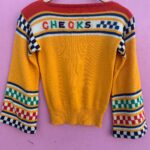 1970S ADORABLE CHECKS MULTI COLOR CHECKERED DESIGN KNIT SWEATER BELL SLEEVES