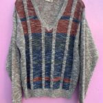FUN 1970S-1980S MARLED KNIT V-NECK PULLOVER SWEATER