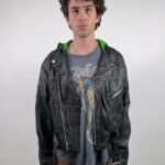 CUSTOM LEATHER PATCHWORK GREEN LINED HOODED MOTO JACKET